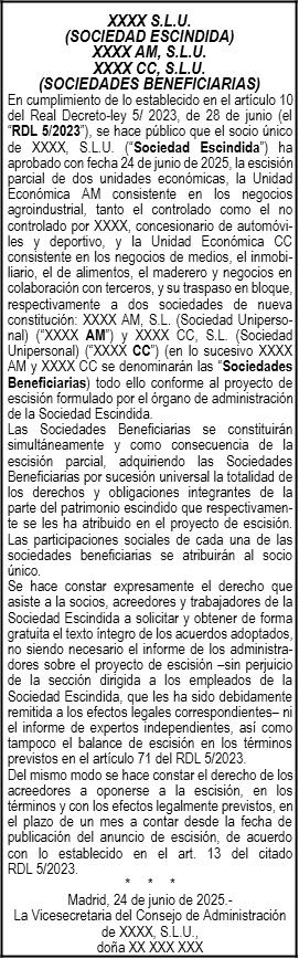 Ejemplo de anuncio de escisión de sociedades